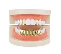 mainlead 2pc 14k Gold Cross Open Outline Single Fangs Teeth and 6 Bottom Grills Combo, Gold, Brass