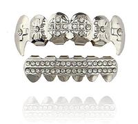 Mainlead Silver Grills Cross CZ Vampire Fang Top and 2 Rows Bar Bottom Teeth Set