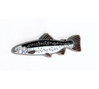 Mainly Metal Pin Badge, White, Fired Enamel Angling Fish Trout, 25mm x 10mm
