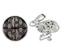 Mainly Metal Two (2) Pin Badges Hare Celtic Knot Wiccan Occult Rabbit Pagan Myth Magic Rune Symbol (20mm & 30mm Brooches)