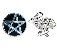 Mainly Metal Two (2) Pin Badges Hare & Pentagram Celtic Wiccan Occult Rabbit Pagan Pentangle Myth Magic Rune Symbol (2 x 30mm Brooches)