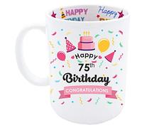 Mainly Mugs 75th Birthday Gift Keepsake for Women Pink Happy Birthday Design also with Print Inside Coffee Mug