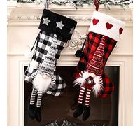 MAINOSHY 2Pcs Large Christmas Stockings Personalised Sock Gift Bag 3D Plush Cute Gnome Hanging Stockings Red Black Buffalo Plaid Xmas Stockings for Fillers Gift Home Fireplace Christmas Decor