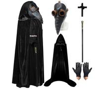 MAINOSHY 4PCS Halloween Props Costume Set, Plague Doctor Mask Props Long Nose Beak Mask with Black Hooded Cape, Black Gloves, King Scepter for Halloween Cosplay