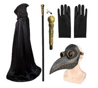 MAINOSHY 4PCS Plague Doctor Mask Props Long Nose Bird Beak Mask with Hooded Cloak, Gloves, Cane for Halloween Costume Party