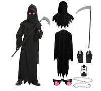 MAINOSHY 6PCS Kids Grim Reaper Costume Set, Grim Reaper Halloween Costumes Black Robe Adjustable Plastic Scythe Glowing Red Eyes Black Gloves Chain Belt Lantern for Boy/Girl Halloween Fancy Dress