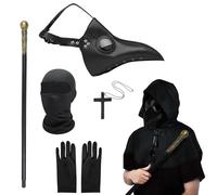 MAINOSHY 6PCS Plague Doctor Mask Costumes Set, Halloween Masks Long Nose Bird Beak Steampunk Mask with Cloak Crucifixion Necklace Black Gloves Scepter Halloween Costume Props