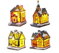 MAINOSHY Christmas Village Set, 4PCS Christmas Winter Village Houses Light Up Country Houses Xmas Miniature Resin Ornament Fireless Candles Lamp withTea Light for Xmas Decoration (Village Houses A)