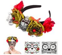 MAINOSHY Day of The Dead Headband, Gothic Skull Flower Crown Headband Halloween Flower Crown Headpiece with Halloween Temporary Face Tattoos Sticker Costume Accessory