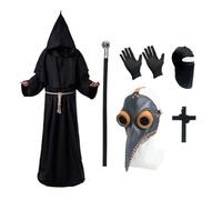 MAINOSHY Plague Doctor Costumes Set, Plague Doctor Mask Bird Beak Mask Black Robe Cloak Top Hat Cross Necklace Balaclava Scepter Gloves Halloween Carnival Fancy Dress Cosplay Steampunk Costume