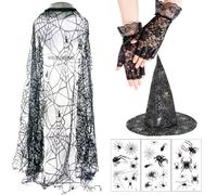 MAINOSHY Witch Costumes For Women, Day of the Dead Halloween Costume Set, 52In Spider Web Cape Wizard Hat Lace Gloves with Spider Tattoos Witch Outfit for Halloween Party Fancy Dress Up