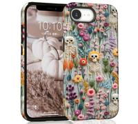 Mainrenka Halloween Cases for iPhone 16e, Cute Kawaii Aesthetic Trendy Skeleton Floral Phone Cover Protective Shockproof Phone Case Skull