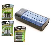 Mains Battery Charger with AA & AAA & D Rechargeable Batteries 9V C D NiMh