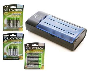 Mains Battery Charger with AA & AAA & D Rechargeable Batteries 9V C D NiMh