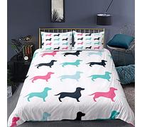MaiShaRui Double Duvet Set Dachshund Kids Bedding Double Bed Set Soft Microfiber 3 Piece Cartoon Dachshund, White Bedding Teenager Room Decoration Duvet Covers with 2 Pillow Case (Double, 200x200cm)