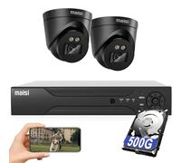 MAISI 3K CCTV Security Camera System, 4CH DVR 2x 5MP Dome Cameras, Night Vision, Easy Mobile View, App Push Notification, Waterproof, 500GB Hard Drive