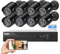 Maisi 8CH 3K DVR Recorder CCTV Security Camera System w/1TB Hard Drive, 8x 5MP Outdoor Bullet Cameras, IP66 Waterproof, Night Vision, APP Push and Email Alert, 24/7 Continuous/Motion Recording