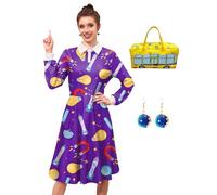 Maisolly Women Halloween Costume Adult Long Sleeve Cute Ms. Frrizle Cosplay Dress with Handbag Earrings Purple S