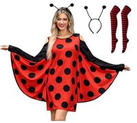 Maisolly Womens Easy Wear Halloween Ladybug Costume Set Long Sleeve Dress with Headband Socks for Last Minute Adult Party XXL