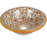MAISON ANDALUZ Fes/Azrou Turquoise in White Ceramic Hand painted Moroccan Bathroom Sink Basin - Round, Painted inside out - Di 40 H 16 cm -