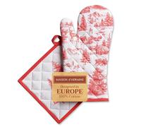 Maison d' Hermine 100% Cotton Oven Mitt & Pot Holder Set (19 x 33 cm & 20 x 20 cm) Heat Resistant BBQ Cooking Gloves with Loop for Christmas Decorations Baking Handling Hot Pans (Winter Jouy)