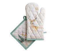 Maison d' Hermine 100% Cotton Oven Mitt & Pot Holder Set (19 x 33 cm & 20 x 20 cm) Heat Resistant BBQ Cooking Gloves with Loop for Christmas Decorations Baking Handling Hot Pans (Deer in The Woods)