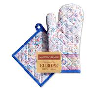 Maison d' Hermine 100% Cotton Oven Mitt & Pot Holder Set (19 x 33 cm & 20 x 20 cm) Heat Resistant BBQ Cooking Gloves with Loop for Baking Handling Hot Pans Spring Summer (Indian Floral)