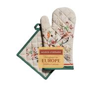 Maison d' Hermine 100% Cotton Oven Mitt & Pot Holder Set (19 x 33 cm & 20 x 20 cm) Heat Resistant BBQ Cooking Gloves with Loop for Christmas Decorations Baking Handling Hot Pans (Recolte)