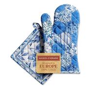 Maison d' Hermine 100% Cotton Oven Mitt & Pot Holder Set (19 x 33 cm & 20 x 20 cm) Heat Resistant BBQ Cooking Gloves with Loop for Spring/Summer Decorations Baking Handling Hot Pans (Summer Blues)