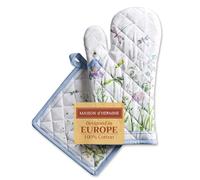 Maison d' Hermine 100% Cotton Oven Mitt & Pot Holder Set (19 x 33 cm & 20 x 20 cm) Heat Resistant BBQ Cooking Gloves with Loop for Baking Handling Hot Pans Spring Summer (Fleurs De Mai)