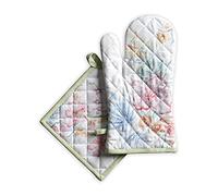 Maison d' Hermine 100% Cotton Oven Mitt & Pot Holder Set (19 x 33 cm & 20 x 20 cm) Heat Resistant BBQ Cooking Gloves with Loop for Baking Handling Hot Pans Spring Summer (Paradise Island)