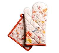 Maison d' Hermine 100% Cotton Oven Mitt & Pot Holder Set (19 x 33 cm & 20 x 20 cm) Heat Resistant BBQ Cooking Gloves with Loop for Christmas Decorations Baking Handling Hot Pans (Kelim - Prairie)