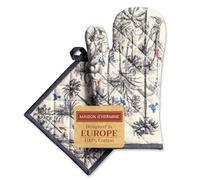 Maison d' Hermine 100% Cotton Oven Mitt & Pot Holder Set (19 x 33 cm & 20 x 20cm) Heat Resistant BBQ Cooking Gloves with Loop, Baking, Grilling, Handling Hot Pans (Amazonia)