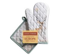 Maison d' Hermine 100% Cotton Oven Mitt & Pot Holder Set (19 x 33 cm & 20 x 20cm) Heat Resistant BBQ Cooking Gloves with Loop, Baking, Grilling, Handling Hot Pans (Deer In The Woods)