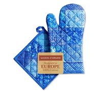 Maison d' Hermine 100% Cotton Oven Mitt & Pot Holder Set (19 x 33 cm & 20 x 20cm) Heat Resistant BBQ Cooking Gloves with Loop, Baking, Grilling, Handling Hot Pans Spring/Summer (Indigo Love)