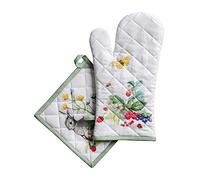 Maison d' Hermine 100% Cotton Oven Mitt & Pot Holder Set (19 x 33 cm & 20 x 20cm) Heat Resistant BBQ Cooking Gloves with Loop, Baking, Grilling, Handling Hot Pans Spring/Summer (Printemps)