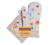 Maison d' Hermine 100% Cotton Oven Mitt & Pot Holder Set (19 x 33 cm & 20 x 20cm) Heat Resistant BBQ Cooking Gloves with Loop, Baking, Grilling, Handling Hot Pans Spring/Summer (Summer Whisper)