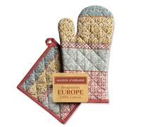 Maison d' Hermine 100% Cotton Oven Mitt & Pot Holder Set (19 x 33 cm & 20 x 20cm) Heat Resistant BBQ Cooking Gloves with Loop, Baking, Grilling, Handling Hot Pans Spring/Summer (Provence)