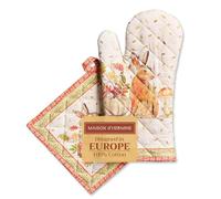 Maison d' Hermine 100% Cotton Oven Mitt & Pot Holder Set (19 x 33 cm & 20 x 20cm) Heat Resistant BBQ Cooking Gloves with Loop, Baking, Grilling, Handling Hot Pans (Pumpkin Passion)