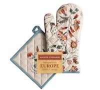 Maison d' Hermine 100% Cotton Oven Mitt & Pot Holder Set (19 x 33 cm & 20 x 20cm) Heat Resistant BBQ Cooking Gloves with Loop, Baking, Grilling, Handling Hot Pans Spring/Summer (Dalida)