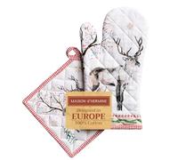 Maison d' Hermine 100% Cotton Oven Mitt & Pot Holder Set (19 x 33 cm & 20 x 20cm) Heat Resistant BBQ Cooking Gloves with Loop, Baking, Grilling, Handling Hot Pans (Rural Christmas)