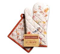 Maison d' Hermine 100% Cotton Oven Mitt & Pot Holder Set (19 x 33 cm & 20 x 20cm) Heat Resistant BBQ Cooking Gloves with Loop, Baking, Grilling, Handling Hot Pans (Kelim - Prairie)