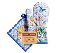 Maison d' Hermine 100% Cotton Oven Mitt & Pot Holder Set (19 x 33 cm & 20 x 20cm) Heat Resistant BBQ Cooking Gloves with Loop, Baking, Grilling, Handling Hot Pans Spring/Summer (Passiflora)