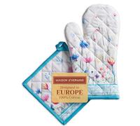 Maison d' Hermine 100% Cotton Oven Mitt & Pot Holder Set (19 x 33 cm & 20 x 20cm) Heat Resistant BBQ Cooking Gloves with Loop, Baking, Grilling, Handling Hot Pans Spring/Summer (Flower In The Field)