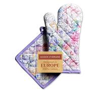 Maison d' Hermine 100% Cotton Oven Mitt & Pot Holder Set (19 x 33 cm & 20 x 20cm) Heat Resistant BBQ Cooking Gloves with Loop, Baking, Grilling, Handling Hot Pans Spring/Summer (Floral Love)