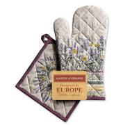 Maison d' Hermine 100% Cotton Oven Mitt & Pot Holder Set (19 x 33 cm & 20 x 20cm) Heat Resistant BBQ Cooking Gloves with Loop, Baking, Grilling, Handling Hot Pans Spring/Summer (Fanny Lavender)