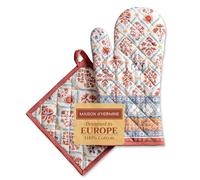 Maison d' Hermine 100% Cotton Oven Mitt & Pot Holder Set (19 x 33 cm & 20 x 20cm) Heat Resistant BBQ Cooking Gloves with Loop, Baking, Grilling, Handling Hot Pans (Romane)