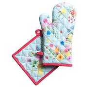 Maison d' Hermine Jardin D'Ete Mint Set of Oven Gloves (19 cm x 33 cm) and Pot Holders (20 cm x 20 cm) 100% Cotton for Barbecue, Baking, Oven, Microwave, Grilling, Spring/Summer, Easter