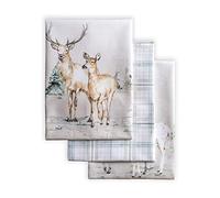 Maison d' Hermine Kitchen Towels Set of 3 100% Cotton 70 CM x 50 CM Reusable Cloth Tea Dish Towels Absorbent with Hanging Loop for Kitchen, Dining, Cocktail Parties (Deer In The Woods)
