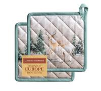 Maison d' Hermine Pot Holders set 100% Cotton Heat Resistant Potholders 20 cm x 20 cm Hot Pads with Loop BBQ, Cooking, Baking, Grilling, Handling Hot Pans (Pack of 2, Deer In The Woods)